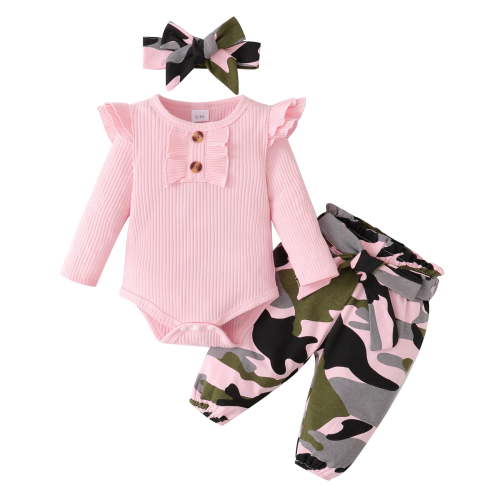 Newborn Baby Girl Clothes Baby Girl Outfits Long Sleeve Romper Top Camouflage Pants Headband 3PCS Set Pink 3-6 Months