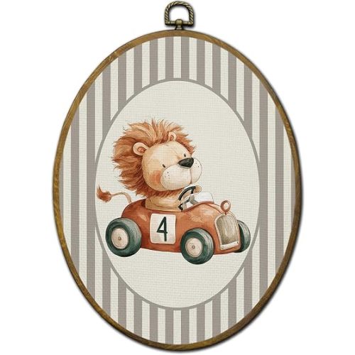 QZQE Lion Boy Nursery Oval Wall Art Decor Framed, Kids Oval Canvas Prints, Vintage Lion Racing Car Neutral Striped Wild Animal Wall Hanging Decor for Kids Boys Toddler Room Playroom, 8.6x11.4 Inch