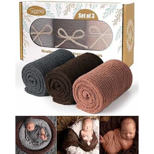 Sunmig Newborn Photography Props - 3 Pcs Stretch Wraps, Professional Baby Photo Props, Long Ripple Wrap for 0-6 Months (Dark Grey+Coffee+Brown)