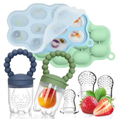 Silicone Baby Fruit Food Feeder, 2 Pack Freezer Tray with lid for Batch Prep,Introduce New Foods, Breastmilk Popsicle Molds, Silicone Teething Toys, Includes 6 Extra Food Pacifier