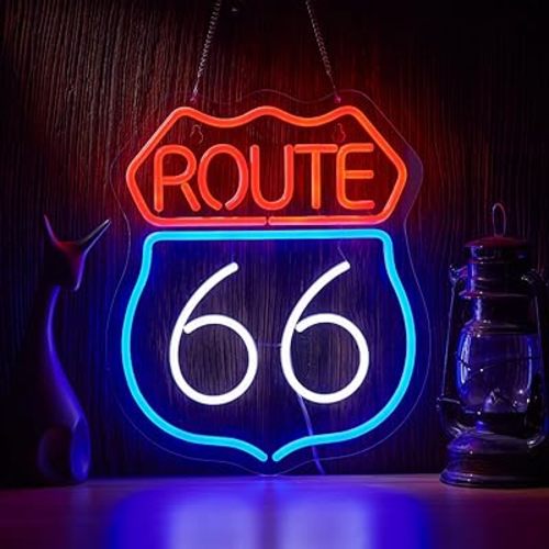 Historic Route 66 Neon Sign Beer Bar Home Art Man Cave Neon Light Handmade with Dimmable Switch LED Neon Lights Signs for Bedroom Home Office Hotel Pub Cafe Recreation Room Wall Artwork Decor