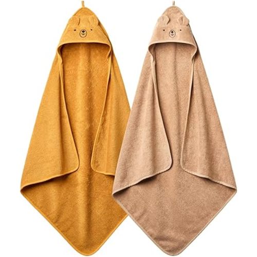 Baby Hooded Towel – Organic Cotton Baby Bath Towels, 32" x 32" Super-Soft and Absorbent Baby Towels for Newborn 2-Pack (Bear Natural/Autum Yellow)