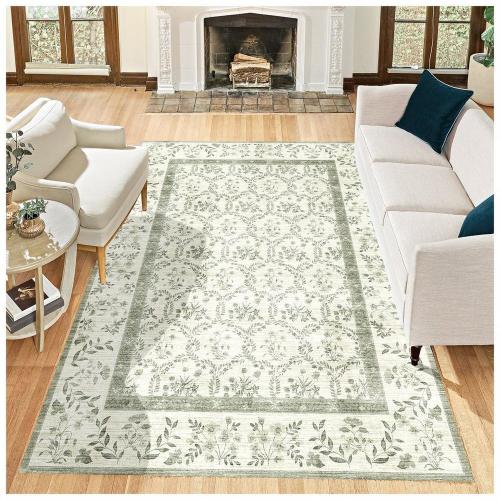Green & White Floral Area Rug