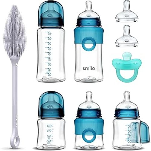 Smilo Baby Bottle Feeding Gift Set - Bottle Set with 100% Silicone Newborn Pacifier, Replacement Nipples and Baby Bottles Cleaning Brush - Perfect Essentials and Gift for Girls & Boys - Blue