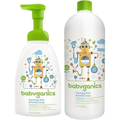 Babyganics Foaming Dish & Bottle Soap 16 oz + 32 oz Refill – Plant-Based, Fragrance-Free, Baby-Safe Cleaning Kit