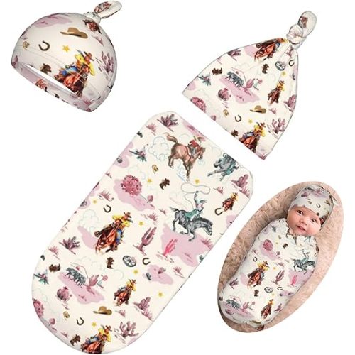 Personality Pink Western Newborn Swaddling Blanket Beanie Hat Funny Blanket Sleeping Bag New Born Sleep Sacks for Boys Girls