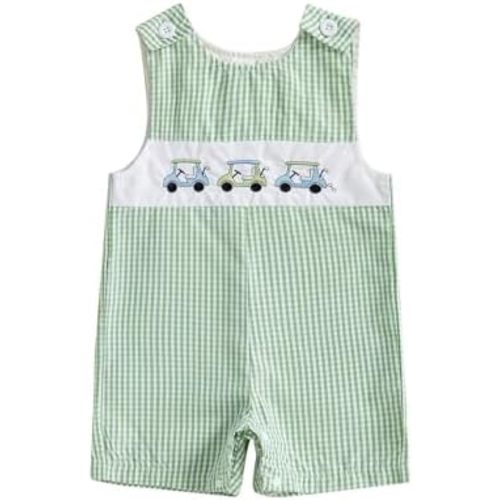 Infant Baby Boys Jumpsuit Sleeveless Crew Neck Striped Embroidery Golf Cart Summer Romper Clothes for Casual Daily