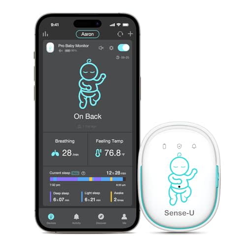 Sense-U Pro Baby Breathing Movement & Sleep Position Monitor with Gentle Vibration Alerts, Temperature Notifications, Audible & App Alerts, Sleep Analysis, Long Battery Life, Easy Clip-On Design