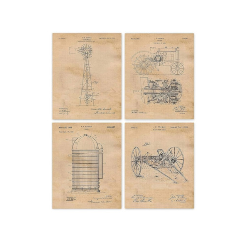 Vintage Farming Patent Prints, 4 (8x10) Unframed Photos, Wall Art Decor Gift for Home Office Tools Garage Work Shop Teacher Student Coach Rancher Farmer Gardener Country Cowboys Mountain Nature Aggies