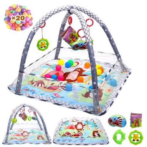 JoyStone 4 IN 1 Baby Activity Play Mat with 20 Balls, 5 Detachable Sound Toys, Baby Sensory Mat for for Toddler Infant 0-12 Months, Newborn Gift for Boys and Girls