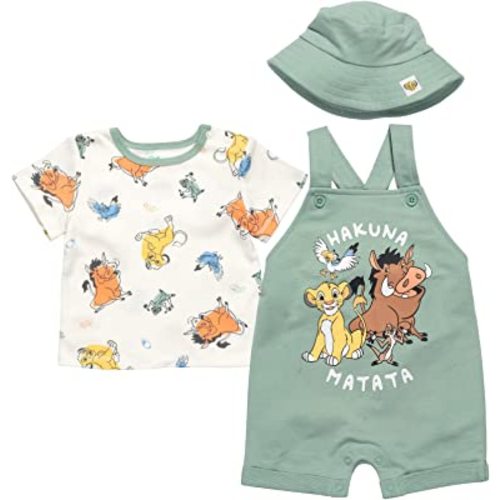 Disney Junior Baby French Terry Short Overalls, T-Shirt and Hat 3 Piece Outfit Set Newborn to Infant Sizes (OS - 24 Months)