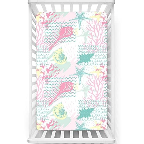 Under The Sea Themed Fitted Crib Sheet,Standard Crib Mattress Fitted Sheet Toddler Bed Mattress Sheets-Crib Mattress Sheet or Toddler Bed Sheet,28“ x52“,Pink Seafoam and White