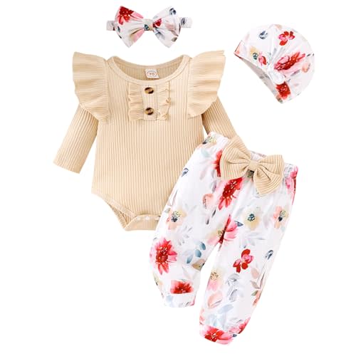 GDTOGRT Baby Girl Clothes Infant Newborn Outfits Romper Pants Cute Bow Headband Hat Sets for Baby Girls (0-3-6-12-18 Months)