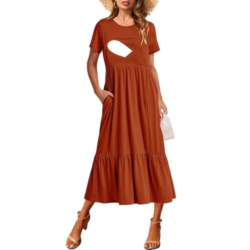 CzzzyL Women Nursing Short Sleeve Crew Neck Fall Dress Maternity Flowy Maxi Dresses Tiered Cocktail Dress with Pockets