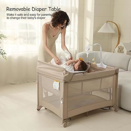 5 in 1 Pack and Play, Baby Bassinet Bedside Sleeper, Baby Playard, Bedside Crib with Changing Table, Foldable Travel Playard for Newborn to Toddles (Beige)