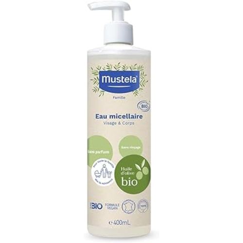 Mustela Certified Organic Micellar Cleansing Water -No-Rinse Natural Water Cleanser w/ Olive Oil & Aloe Vera - For Baby, Kid & Adult - Fragrance Free, EWG Verified & Vegan -13.5 oz-Packaging may vary