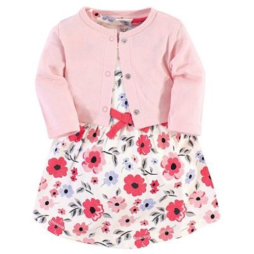 Touched by Nature Baby and Toddler Girl Organic Cotton Dress and Cardigan 2pc Set, Coral Garden
