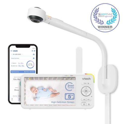 VTech VC2105 V-Care 1080p WiFi Smart Nursery Remote Access Over-the-Crib View Video Baby Monitor with 5” High Definition 720p, Artificial Intelligence, Sleep Analysis, Night Light, Rollover and Face Covering Detection, (White), VC2105