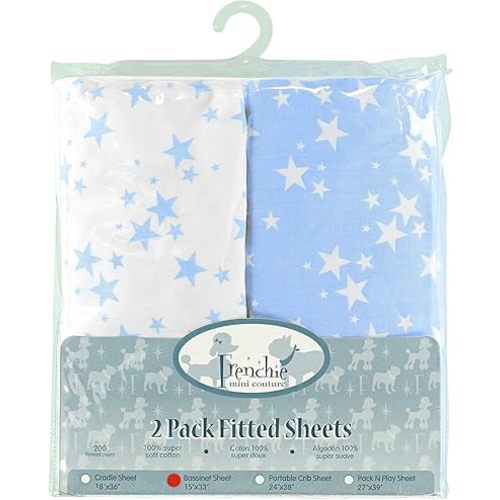 Bassinet Sheets, 100% Cotton, Blue Stars, 15 x 33in, 2-Pack