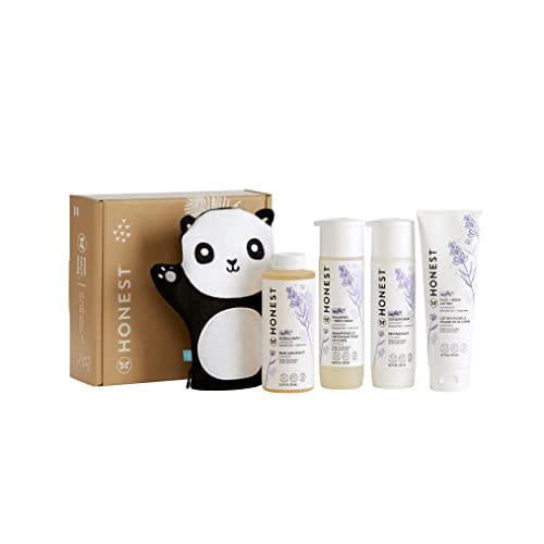 The Honest Company Lavender Bathtime Essentials Bundle | Shampoo + Body Wash, Conditioner, Face + Body Lotion, Bubble Bath, Panda Bath Mitt | Naturally Derived, Tear-free, Hypoallergenic