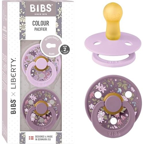 BIBS Liberty Pacifier | 2 Colour Natural Rubber Latex Soothers | BPA Free Dummy Pacifier | Round Nipple | Designed & Made in Denmark | Chamomile Lawn Violet Sky
