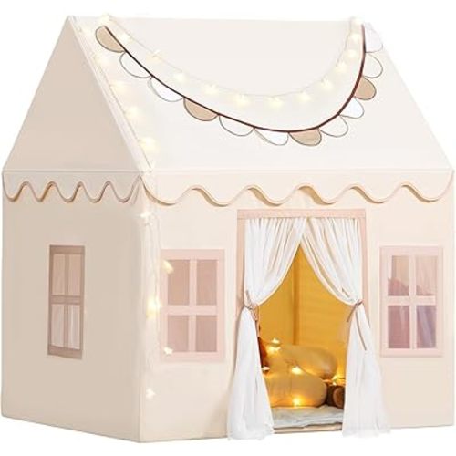 Wilwolfer Play Tent for Kids Indoor - Kids Tent Indoor Toddlers Large Toddler Toy House Birthday Gift for Boys & Girls Playroom Decor (Beige Playhouse with Mat)