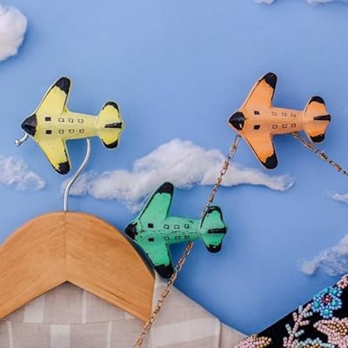 Indian Shelf 3 Iron Colourful Decorative Aeroplane Wall Hooks Airplane Nursery Decor Kids Tie Coat Rack Wall Mount Vintage Coat Hooks for Hanging Coats, Tie, Towels, Bags, Hat, Purse & More