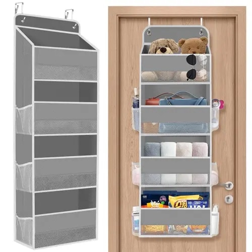 1 Pack Over The Door Organizer, Hanging Storage Organizer with Clear Window, 40lb Ultra Sturdy Large Capacity Room Organizer for Pantry Laundry Bathroom Nursery Closet Baby Essential (Grey)