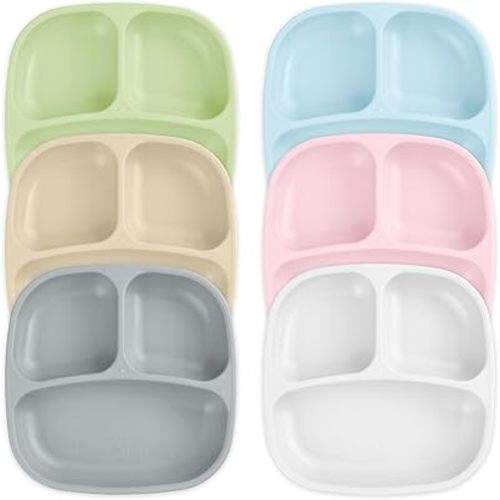 Re-Play Toddler Plates with Dividers - Deep-Walled 3 Compartments Divided Plates for Kids - Dishwasher & Microwave Safe - Made in USA - Set of 6-7.37" x 7.37" x 1.25" - Meadow