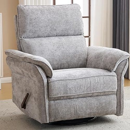 Oversized Rocking Chair Nursery with Adjustable Headrest, 26" Extra Wide Glider Recliner Nursery Chair for Nursery, 360° Swivel Rocker Recliner with Overstuffed Armrest, Dark Grey