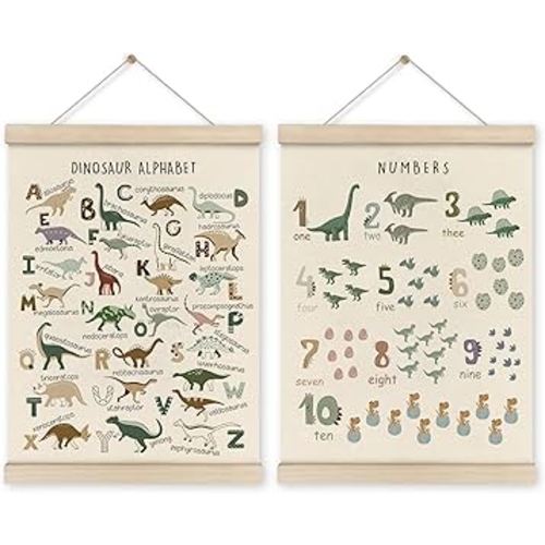 HRQKO Dinosaur Alphabet Poster Hanger Frame Set of 2, Dinosaur Wall Decor, Nursery Wall Decor, ABC Poster Wall Art with Wooden Frames, Alphabet Banner Wall Hanging Decor for Boys Room,12x16 Inch