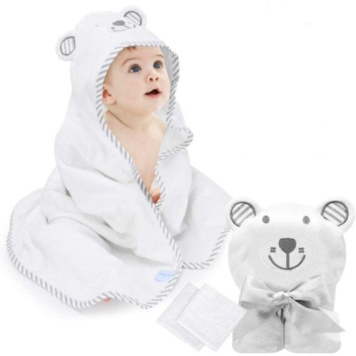 Eccomum Bamboo Baby Hooded Bath Towel with 2 Washcloth for 0-5 Years White