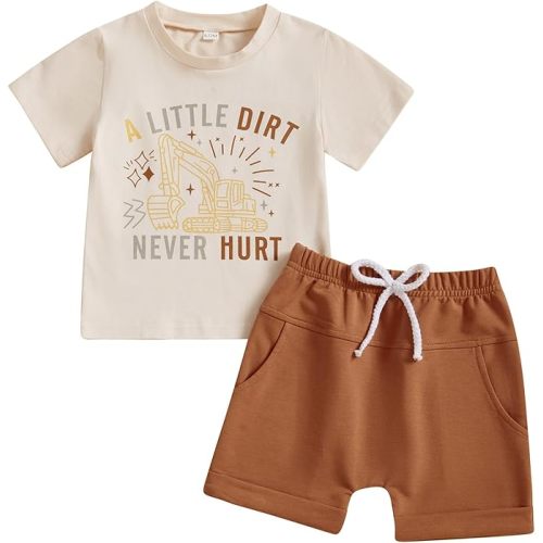 Murnouche Toddler Baby Boy Summer Clothes Excavator Print Letter T Shirt Casual Shorts Set