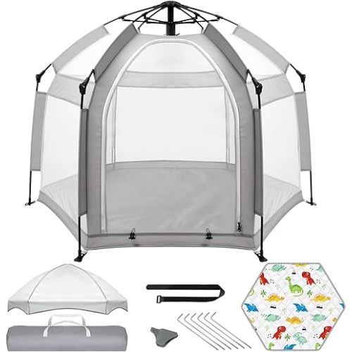 Palopalo Pop Up Baby Playpen with UPF50+ Canopy & Mat, Indoor & Outdoor Foldable Play Pen for Babies and Toddlers, Portable Baby Beach Tent with Travel Bag, Pop Up Pack and Play Yard, Grey