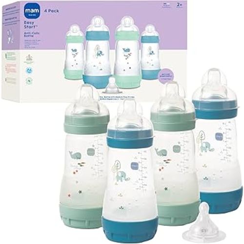 MAM 9oz Easy Start Anti-Colic Baby Bottles, Medium Flow with Bonus Fast Flow Nipple, Breastfeeding-Like Silicone, Reduces Colic and Gas, Easy-to-Clean, BPA-Free, 2 Plus Months