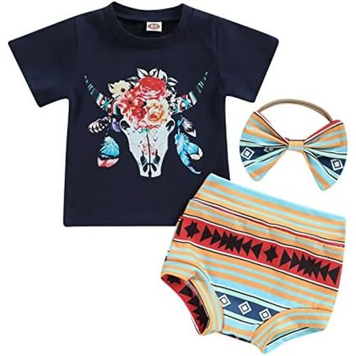 pengnight Western Baby Girl Clothes Cow Print Summer Short Sleeve Tshirt Tops Shorts Set Boho 3Pcs Outfits