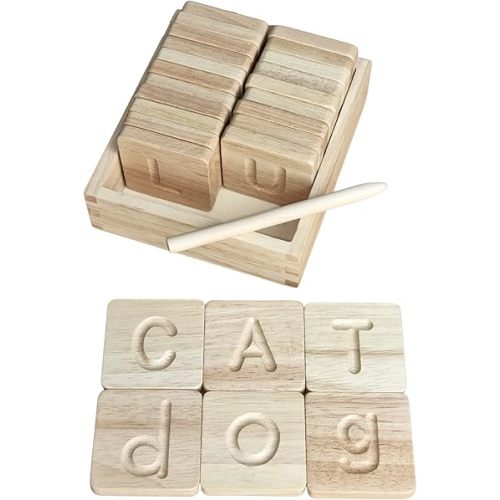 Montessori Wooden Alphabet Tiles Set – Tracing Letters for Kids | Double-Sided ABC Flash Cards (Uppercase & Lowercase) | Includes Stylus Pen & Storage Box | 26-Piece Educational Toy