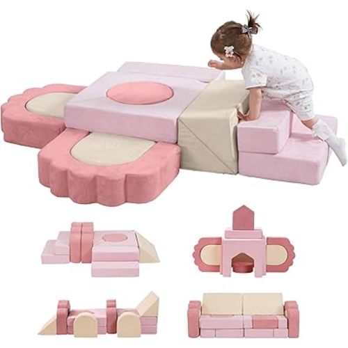 13 Pieces Foam Climbing Blocks for Toddlers 1-3|Floral Baby Soft Play Gym,Kids Indoor Crawing Climbers & Play Structures for Bedroom,Livingroom & Playroom,Pink & Beige