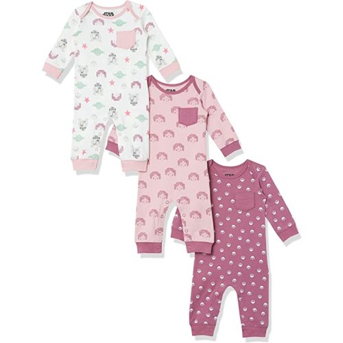 Amazon Essentials Disney | Star Wars | Princess Baby Girls' Cotton Coveralls, Pack of 3 - Star Wars Tiny Rebel