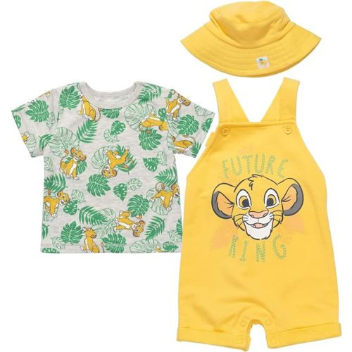 Disney Mickey Mouse Baby French Terry Short Overalls T-Shirt and Hat 3 Piece Outfit Set Newborn to Infant - 3-6 Months - Yellow / Green