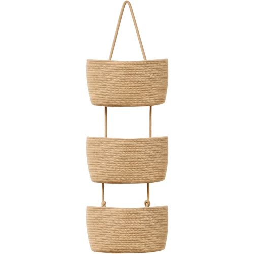 VECELO Over The Door Hanging Basket, 3 Tier Wall-Mounted Hanging Storage Basket, Woven Cotton Wall Hanging Baskets For Living Room, Bedroom, Entryways, Yellow