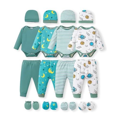 NZRVAWS Newborn Baby Boy Girl Clothes Unisex Infant Romper Pants Set Hat 4-Pack Outfits 0-12 Months 16 Pieces Toddler