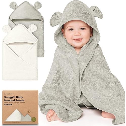 KeaBabies 2-Pack Hooded Baby Towels for Newborn - 30x30 Soft & Absorbent Viscose from Bamboo Baby Bath Towels with Hood for Infant, Toddler,Kids,Boys Girls,Newborn Bath Essentials (Graphite, Petite)