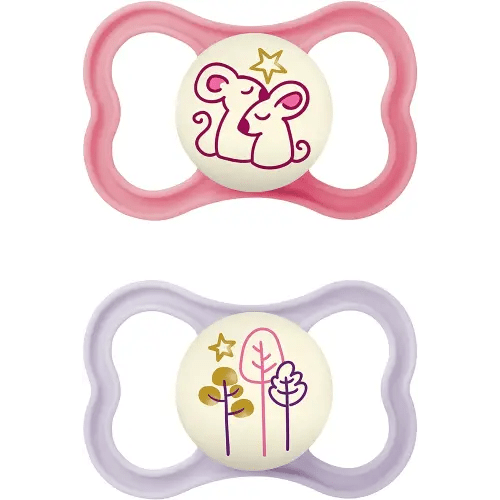 MAM Air Night Pacifiers (1 Sterilizing Pacifier Case), MAM Sensitive Skin Pacifier 6+ Months, Glow in the Dark Pacifier, Best Pacifier for Breastfed Babies, Baby Girl Pacifiers, 6-16 (Pack of 2)
