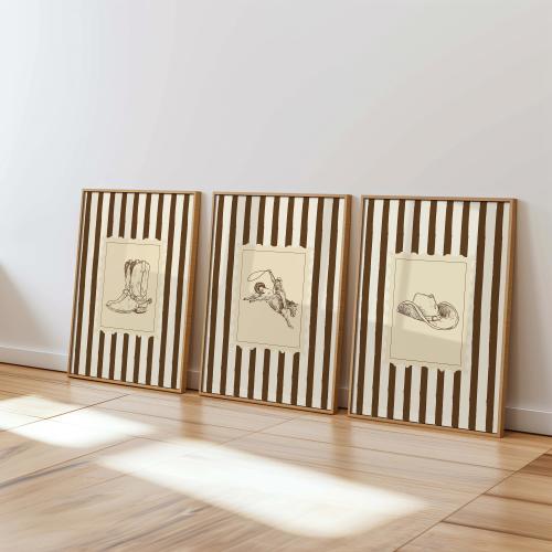 Western Cowboy Set of 3 Print Vintage Rodeo Sketch Wall Art Retro Horse Poster Rustic Neutral Brown Digital Gallery Drawing Download Decor