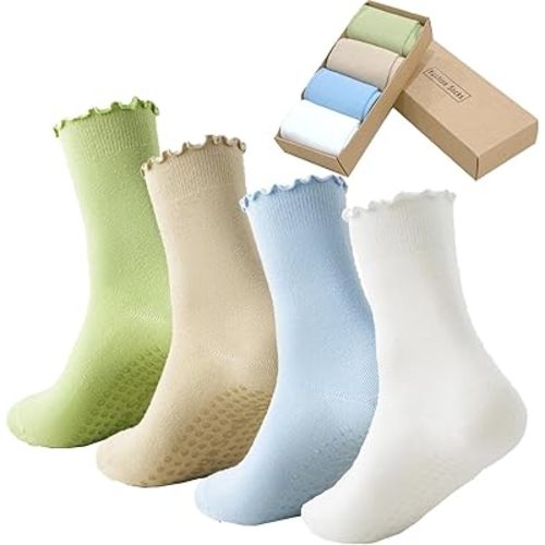 4 Pairs Ruffle Yoga Socks for Women,Cute Frilly Non-Slip Grips Socks for Pilates,Fitness,Hospital,Pregnant
