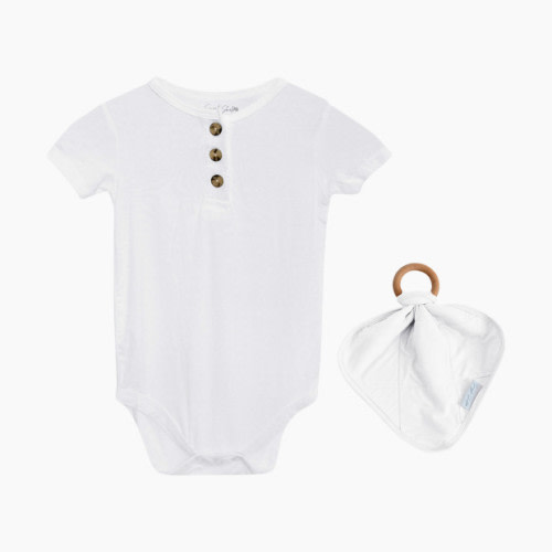 Snuggle Shield LUXE Bamboo 3 Button Bodysuit and Lovey Teether Set - White, 0-3 M