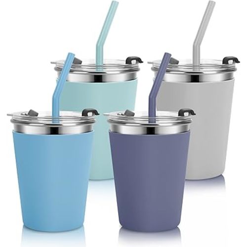 Kids Cups with Straws and Lids Leak Proof, 10oz Sippy Cups with Straws for Toddlers, 4 Pack Toddler Cups Spill Proof Stainless Steel Kids Cups with Lids for School, Outdoor