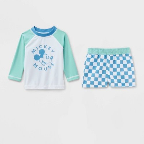 Baby Boys' 2pc Disney Mickey Mouse Long Sleeve Rash Guard Trunk Set - Blue 3M: UPF 50+ Tricot Fabric