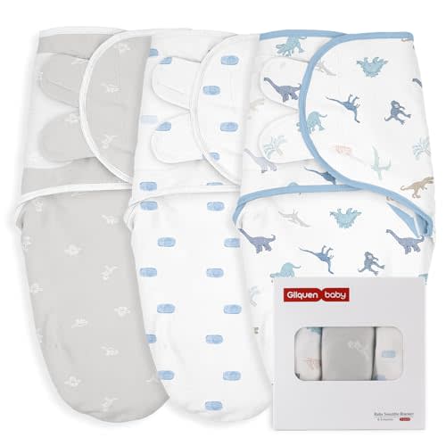 GLLQUEN BABY Swaddle 0-3 Months - 3 Pack Swaddles for Newborn, Adjustable Newborn Swaddle Wrap for Baby Boys and Girls, Swaddle Blanket Sleep Sack, Dinosaur & World, Easy Change Swaddle